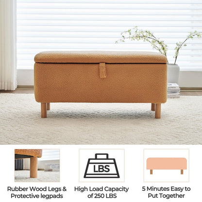 Tabouret de rangement en bouclé blanc cassé 39,5 pouces, pouf de rangement en sherpa, repose-pieds, pour salon, chambre à coucher, avec pieds en bois.