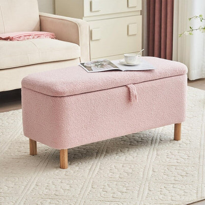 Tabouret de rangement en bouclé blanc cassé 39,5 pouces, pouf de rangement en sherpa, repose-pieds, pour salon, chambre à coucher, avec pieds en bois.