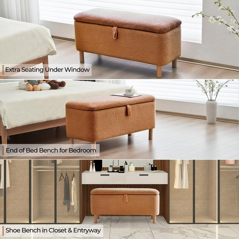 Tabouret de rangement en bouclé blanc cassé 39,5 pouces, pouf de rangement en sherpa, repose-pieds, pour salon, chambre à coucher, avec pieds en bois.