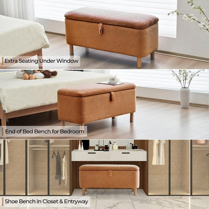 Tabouret de rangement en bouclé blanc cassé 39,5 pouces, pouf de rangement en sherpa, repose-pieds, pour salon, chambre à coucher, avec pieds en bois.
