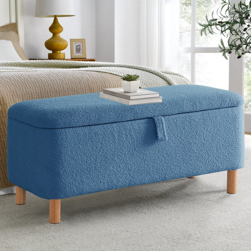 Tabouret de rangement en bouclé blanc cassé 39,5 pouces, pouf de rangement en sherpa, repose-pieds, pour salon, chambre à coucher, avec pieds en bois.