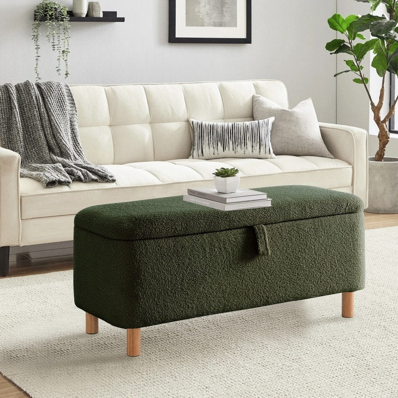 Tabouret de rangement en bouclé blanc cassé 39,5 pouces, pouf de rangement en sherpa, repose-pieds, pour salon, chambre à coucher, avec pieds en bois.