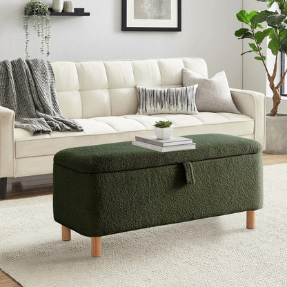 Tabouret de rangement en bouclé blanc cassé 39,5 pouces, pouf de rangement en sherpa, repose-pieds, pour salon, chambre à coucher, avec pieds en bois.