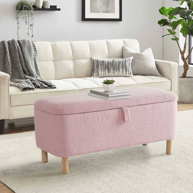 Tabouret de rangement en bouclé blanc cassé 39,5 pouces, pouf de rangement en sherpa, repose-pieds, pour salon, chambre à coucher, avec pieds en bois.