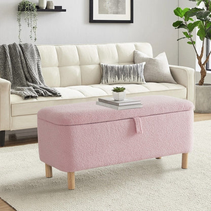 Tabouret de rangement en bouclé blanc cassé 39,5 pouces, pouf de rangement en sherpa, repose-pieds, pour salon, chambre à coucher, avec pieds en bois.
