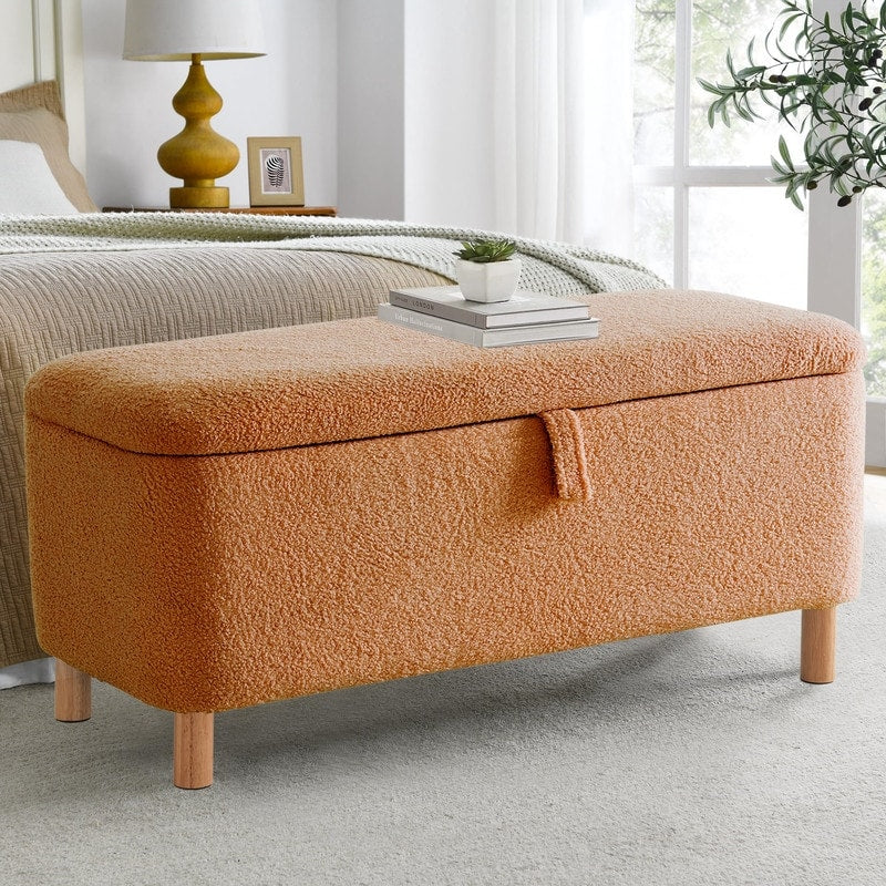 Tabouret de rangement en bouclé blanc cassé 39,5 pouces, pouf de rangement en sherpa, repose-pieds, pour salon, chambre à coucher, avec pieds en bois.