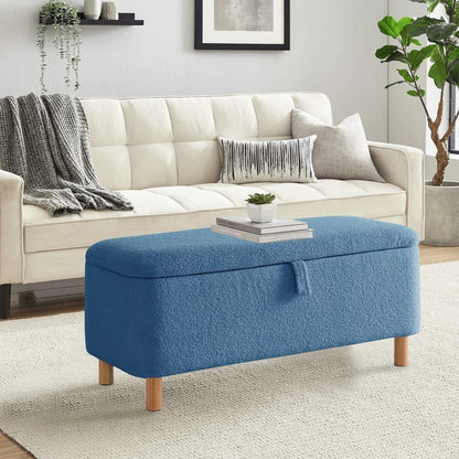 Tabouret de rangement en bouclé blanc cassé 39,5 pouces, pouf de rangement en sherpa, repose-pieds, pour salon, chambre à coucher, avec pieds en bois.