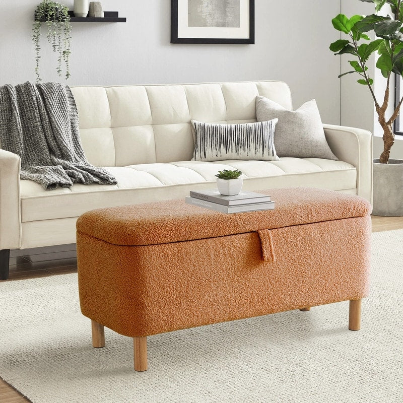 Tabouret de rangement en bouclé blanc cassé 39,5 pouces, pouf de rangement en sherpa, repose-pieds, pour salon, chambre à coucher, avec pieds en bois.