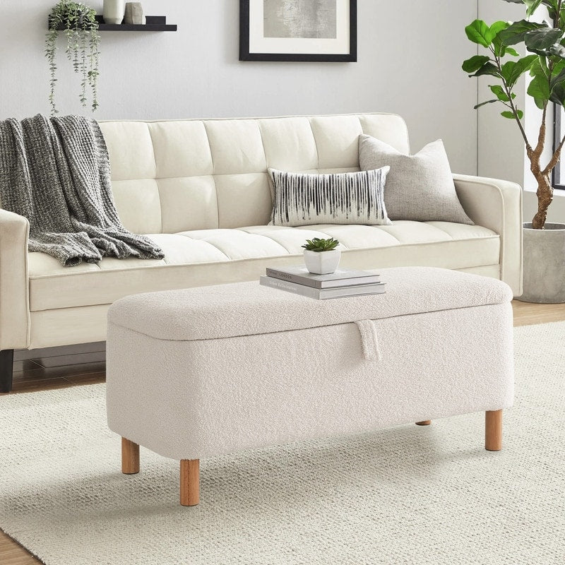 Tabouret de rangement en bouclé blanc cassé 39,5 pouces, pouf de rangement en sherpa, repose-pieds, pour salon, chambre à coucher, avec pieds en bois.