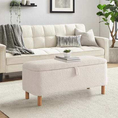 Tabouret de rangement en bouclé blanc cassé 39,5 pouces, pouf de rangement en sherpa, repose-pieds, pour salon, chambre à coucher, avec pieds en bois.