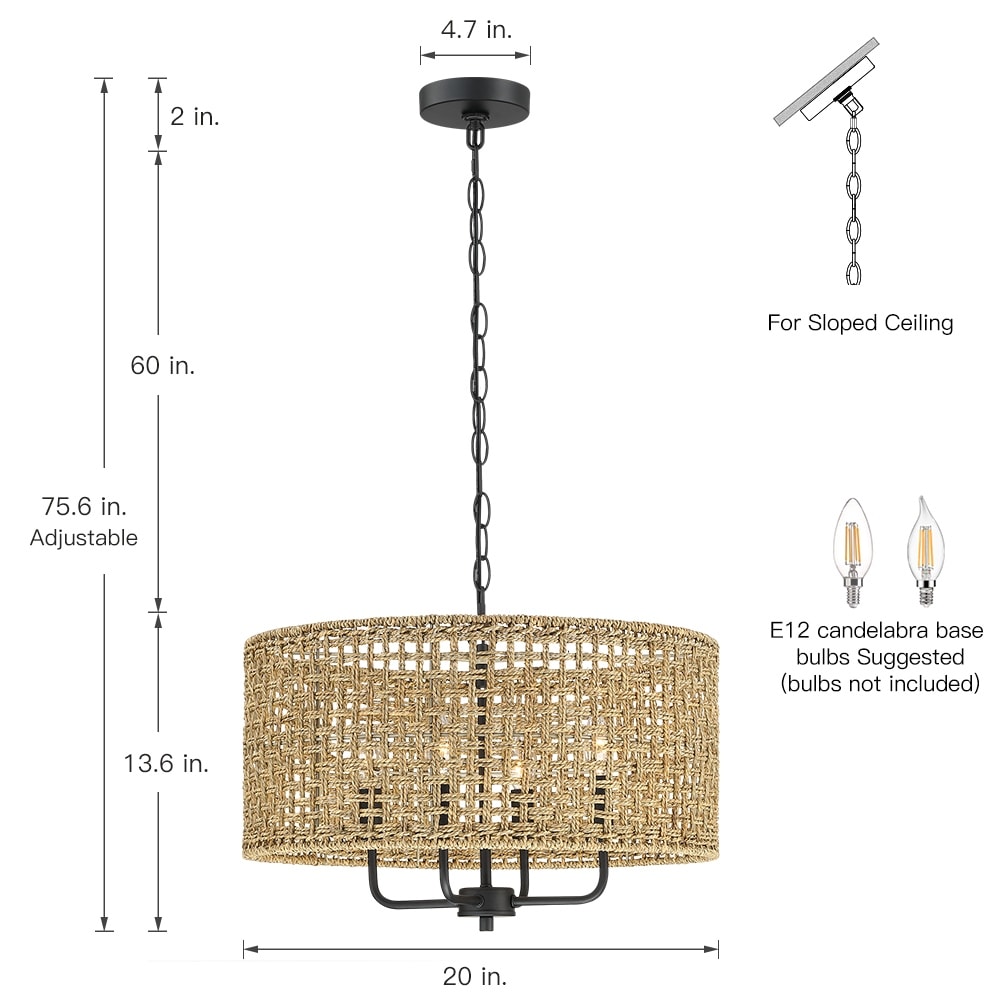 Luminaire suspendu en forme de tambour bohémien tissé à la main à 4 lumières - Paille - 50,8 cm de largeur