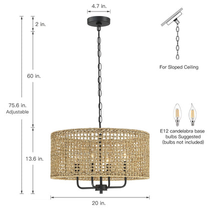 Luminaire suspendu en forme de tambour bohémien tissé à la main à 4 lumières - Paille - 50,8 cm de largeur
