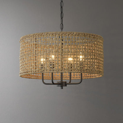 Luminaire suspendu en forme de tambour bohémien tissé à la main à 4 lumières - Paille - 50,8 cm de largeur