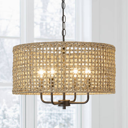 Luminaire suspendu en forme de tambour bohémien tissé à la main à 4 lumières - Paille - 50,8 cm de largeur