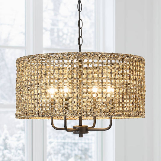 Luminaire suspendu en forme de tambour bohémien tissé à la main à 4 lumières - Paille - 50,8 cm de largeur
