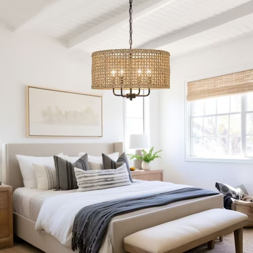 Luminaire suspendu en forme de tambour bohémien tissé à la main à 4 lumières - Paille - 50,8 cm de largeur