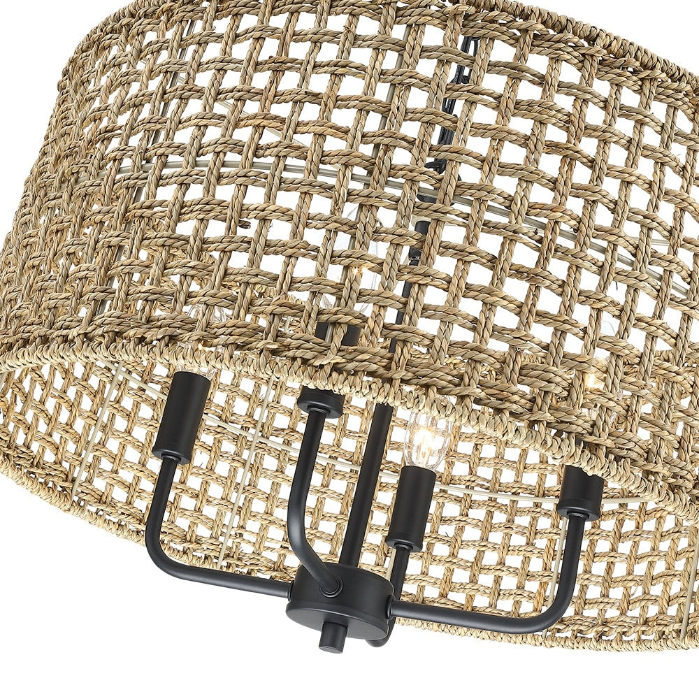 Luminaire suspendu en forme de tambour bohémien tissé à la main à 4 lumières - Paille - 50,8 cm de largeur
