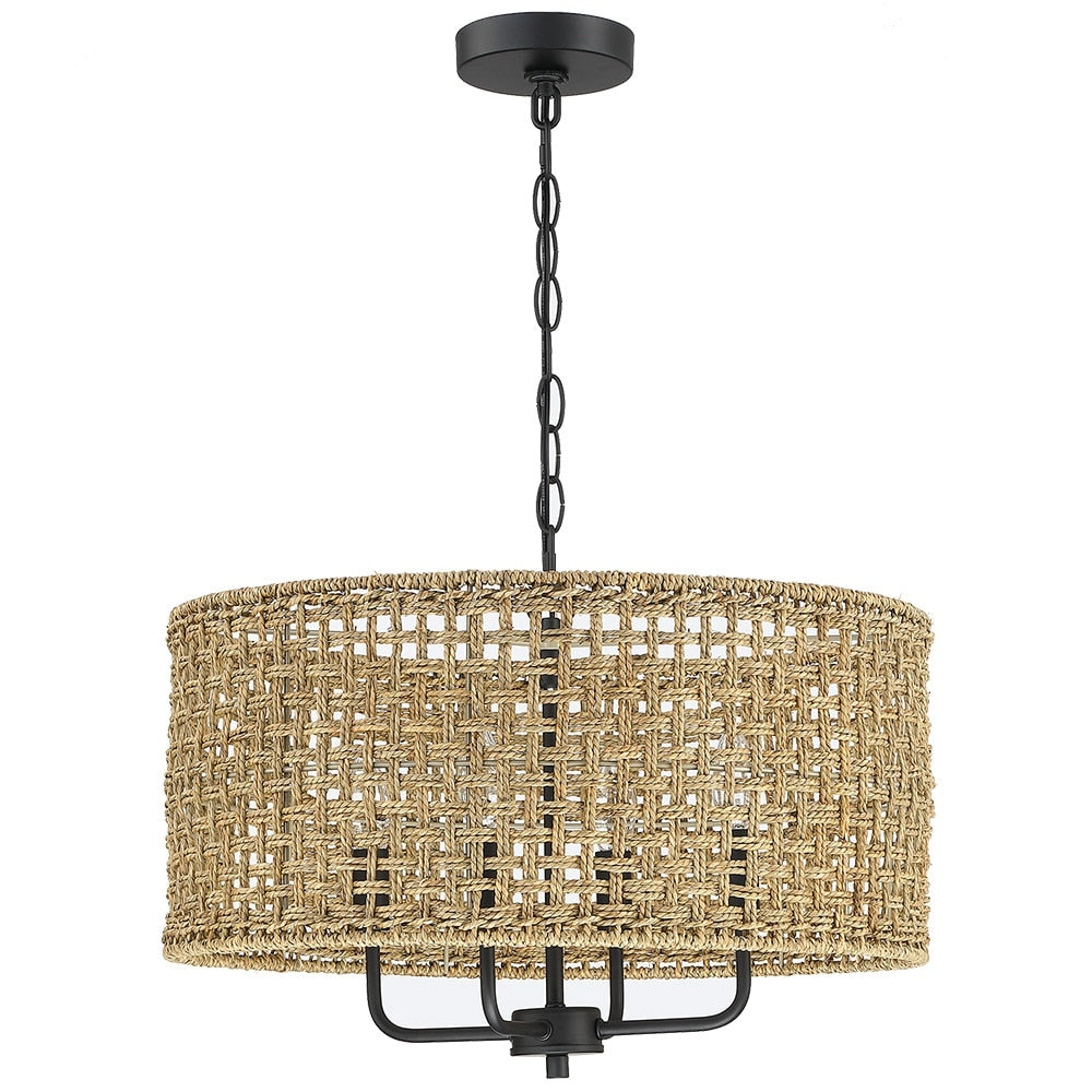 Luminaire suspendu en forme de tambour bohémien tissé à la main à 4 lumières - Paille - 50,8 cm de largeur