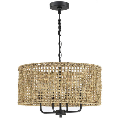 Luminaire suspendu en forme de tambour bohémien tissé à la main à 4 lumières - Paille - 50,8 cm de largeur