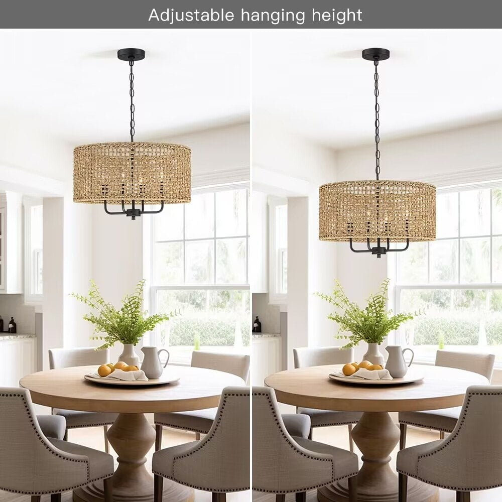 Luminaire suspendu en forme de tambour bohémien tissé à la main à 4 lumières - Paille - 50,8 cm de largeur