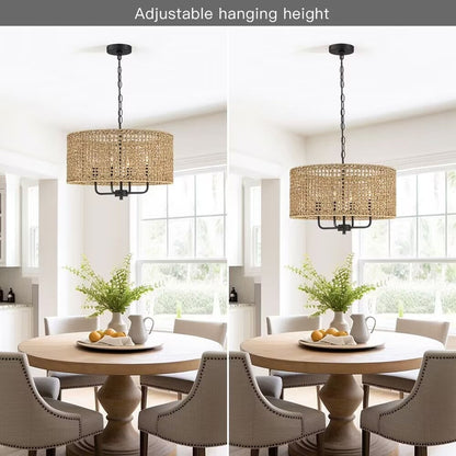 Luminaire suspendu en forme de tambour bohémien tissé à la main à 4 lumières - Paille - 50,8 cm de largeur