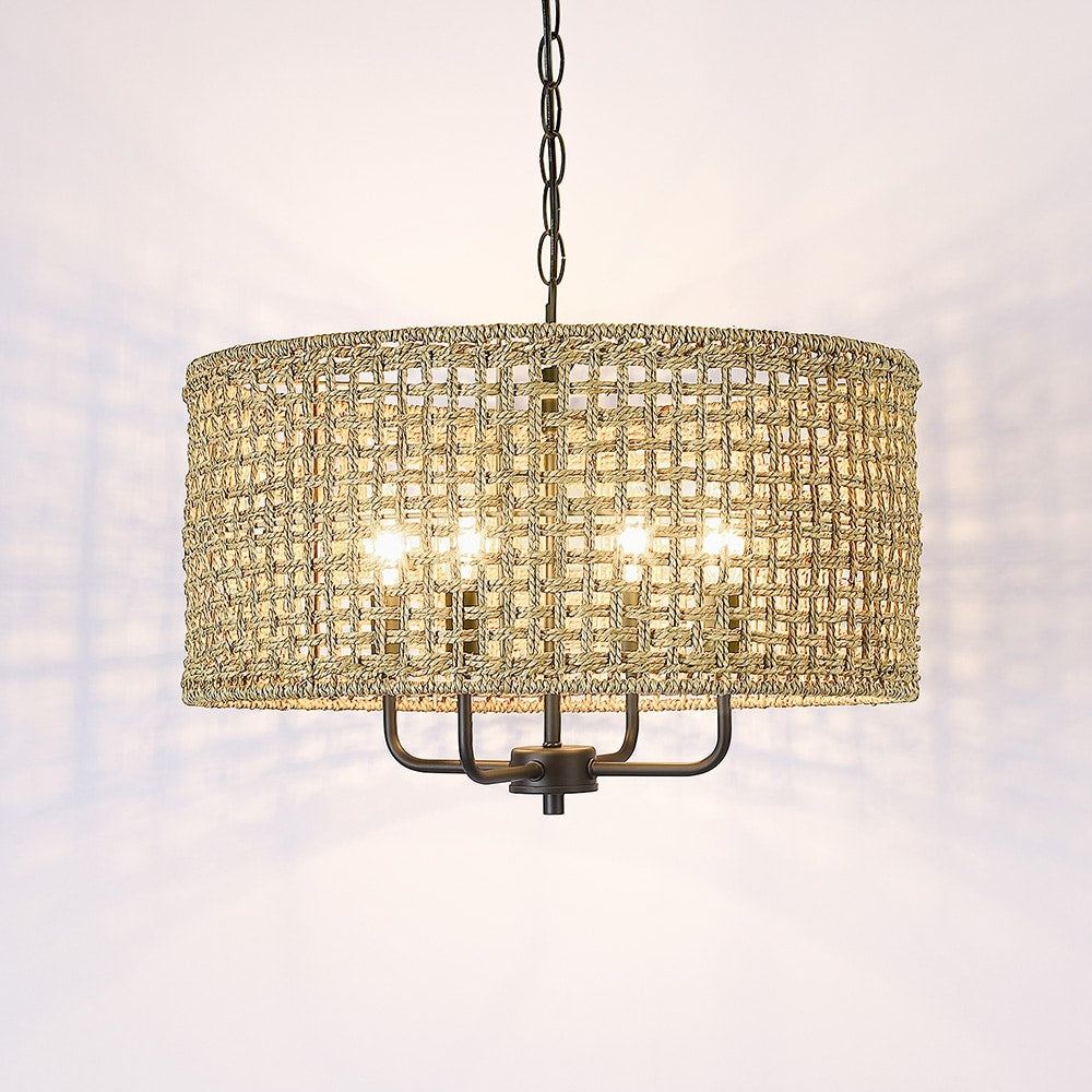 Luminaire suspendu en forme de tambour bohémien tissé à la main à 4 lumières - Paille - 50,8 cm de largeur
