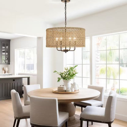 Luminaire suspendu en forme de tambour bohémien tissé à la main à 4 lumières - Paille - 50,8 cm de largeur