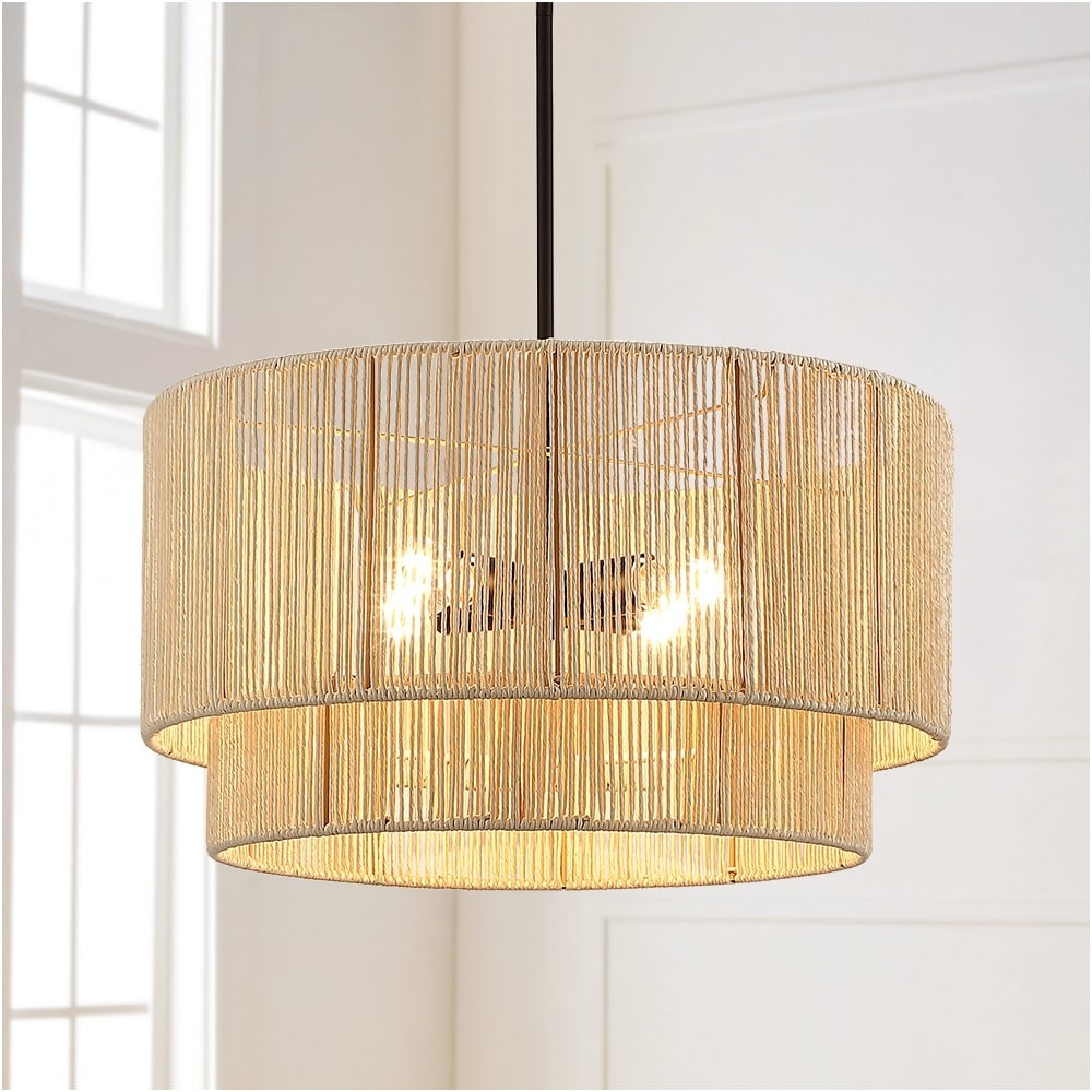 Luminaire suspendu à 4 lumières en rotin à plusieurs niveaux, avec abat-jour noir - 56 cm de largeur