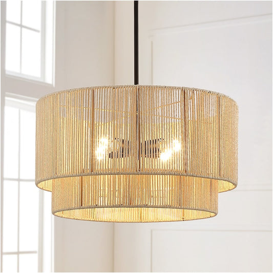 Luminaire suspendu à 4 lumières en rotin à plusieurs niveaux, avec abat-jour noir - 56 cm de largeur