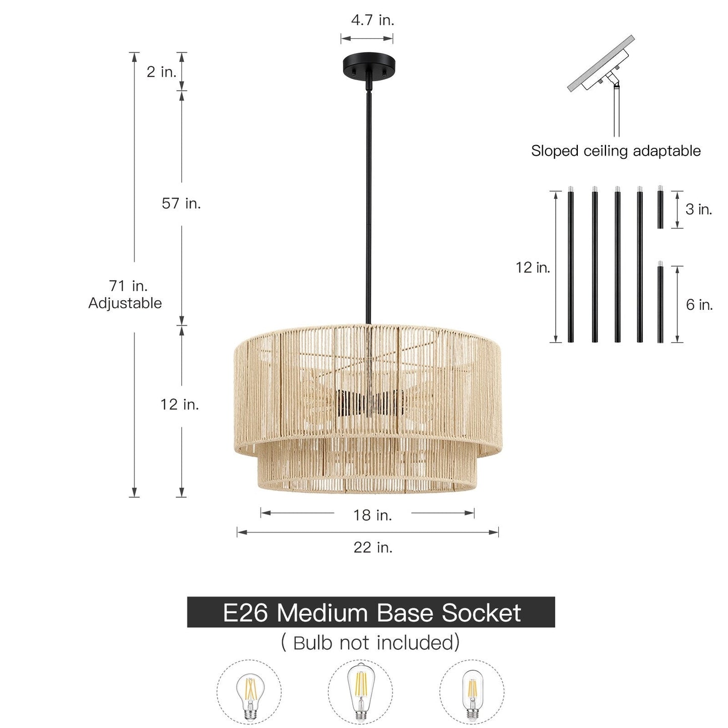 Luminaire suspendu à 4 lumières en rotin à plusieurs niveaux, avec abat-jour noir - 56 cm de largeur
