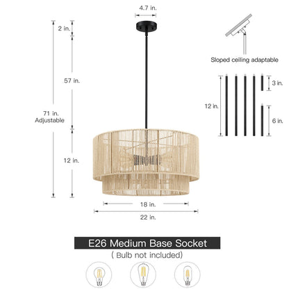 Luminaire suspendu à 4 lumières en rotin à plusieurs niveaux, avec abat-jour noir - 56 cm de largeur