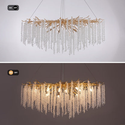 Luminaire rectangulaire moderne en cristal doré, branches d'arbre, 40 po, pour salle à manger, îlot de cuisine, lustre à branches.