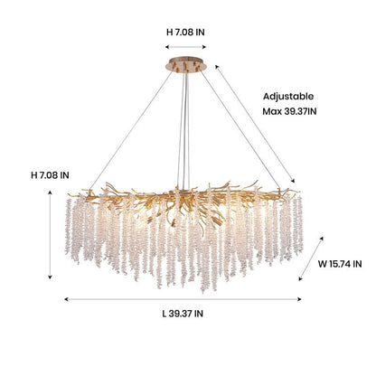 Luminaire rectangulaire moderne en cristal doré, branches d'arbre, 40 po, pour salle à manger, îlot de cuisine, lustre à branches.