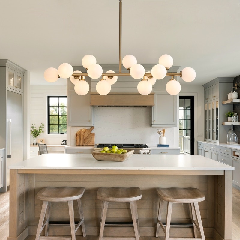 Luminaire suspendu linéaire à 16 lumières, style moderne du milieu du siècle, en laiton doré, avec globe en verre dépoli, 40 po, pour salle à manger.