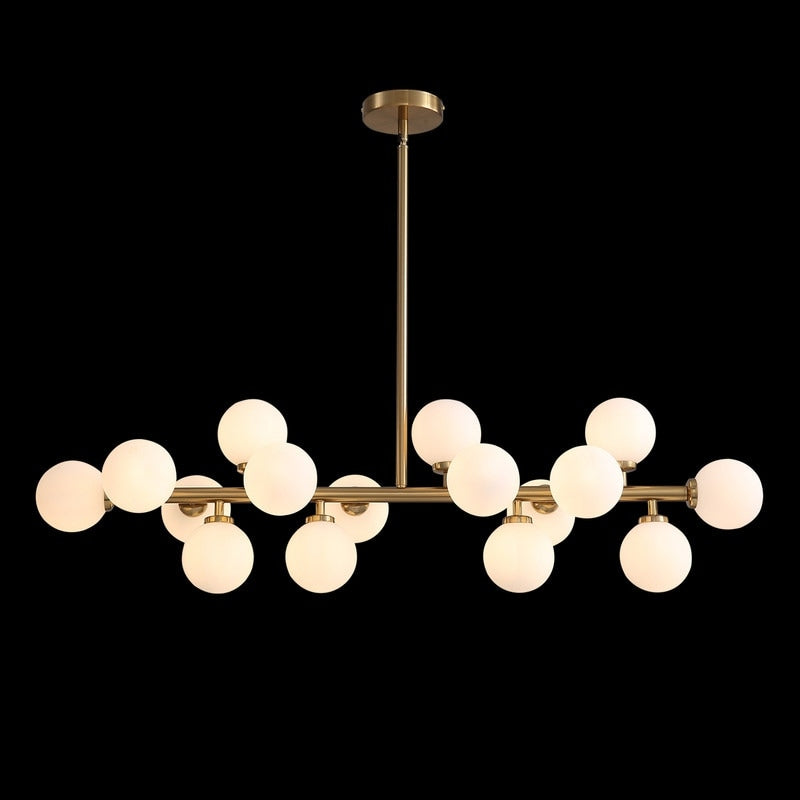 Luminaire suspendu linéaire à 16 lumières, style moderne du milieu du siècle, en laiton doré, avec globe en verre dépoli, 40 po, pour salle à manger.