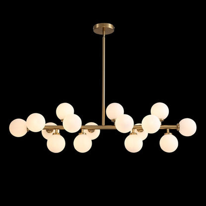 Luminaire suspendu linéaire à 16 lumières, style moderne du milieu du siècle, en laiton doré, avec globe en verre dépoli, 40 po, pour salle à manger.