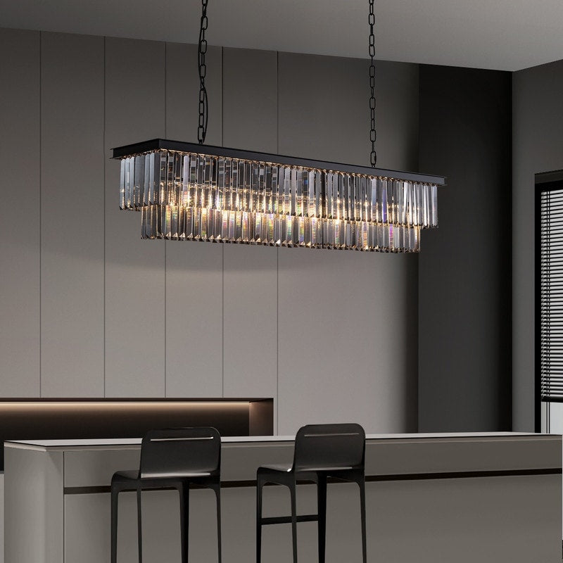 Luminaire suspendu à 2 niveaux pour îlot de cuisine, style moderne et contemporain, avec cristaux, gris fumé et noir, 47 po.