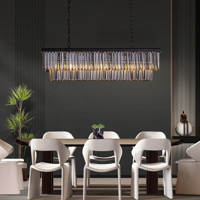 Luminaire suspendu à 2 niveaux pour îlot de cuisine, style moderne et contemporain, avec cristaux, gris fumé et noir, 47 po.