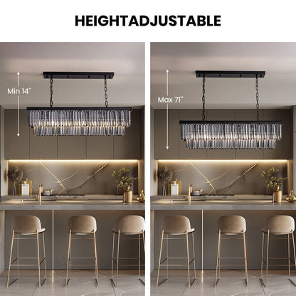 Luminaire suspendu à 2 niveaux pour îlot de cuisine, style moderne et contemporain, avec cristaux, gris fumé et noir, 47 po.