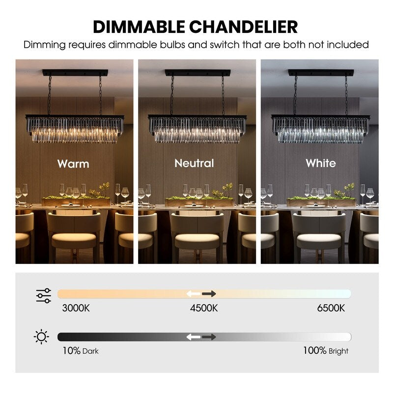 Luminaire suspendu à 2 niveaux pour îlot de cuisine, style moderne et contemporain, avec cristaux, gris fumé et noir, 47 po.