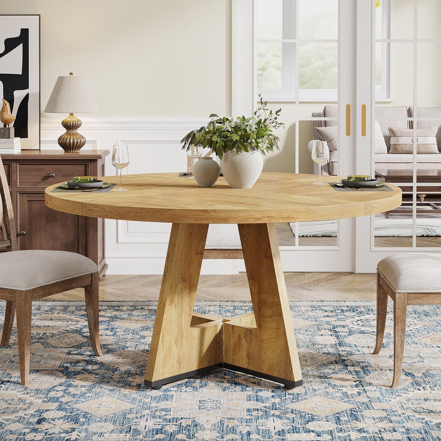 Table de salle à manger ronde de 47 pouces pour 4 personnes, table de cuisine de style farmhouse, petite table de repas en bois pour salle à manger et salon.