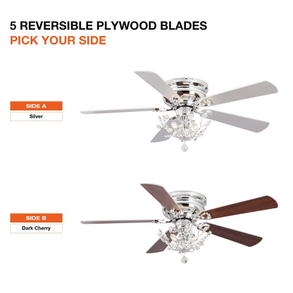 Ventilateur de plafond moderne à 5 pales réversibles de 48 pouces, avec fixation au plafond, en cristal et télécommande.