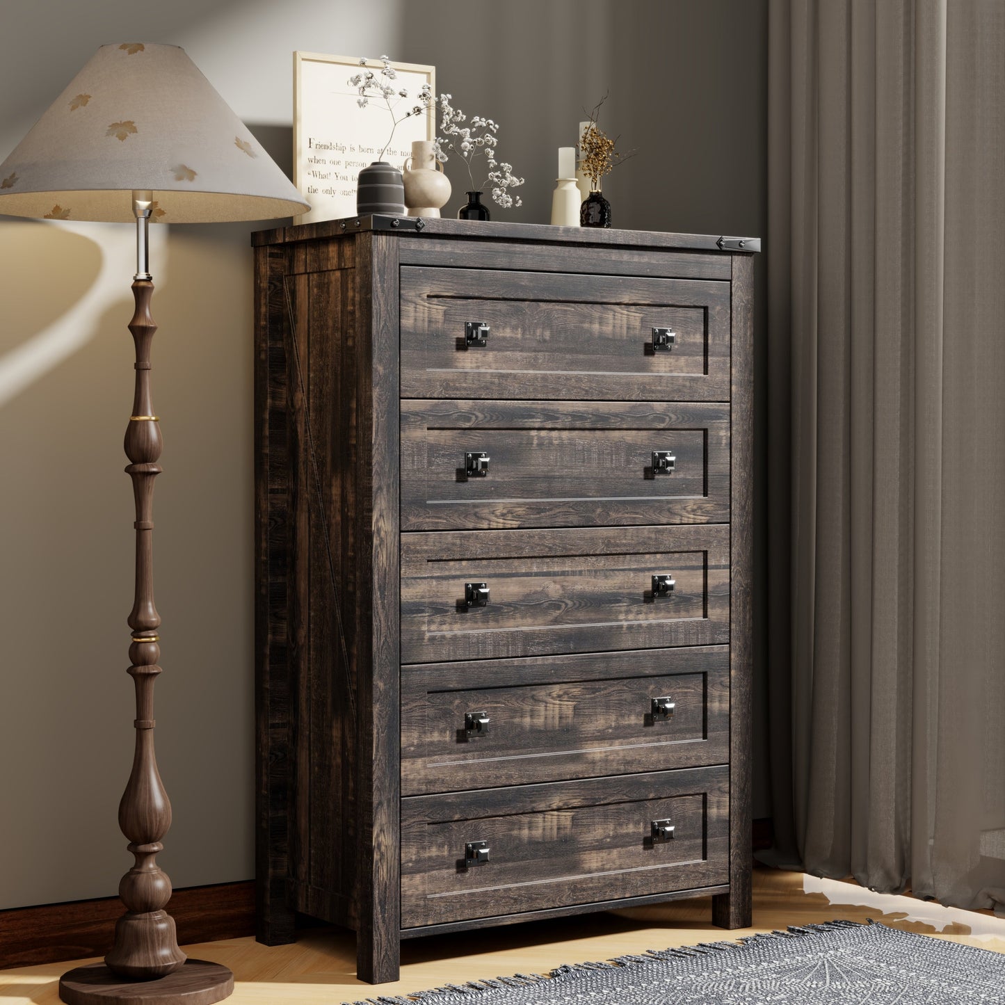 Commode haute de style farmhouse à 5 tiroirs, 48 pouces, en bois, pour chambre à coucher