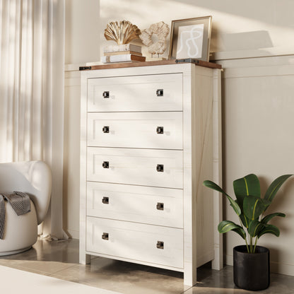 Commode haute de style farmhouse à 5 tiroirs, 48 pouces, en bois, pour chambre à coucher