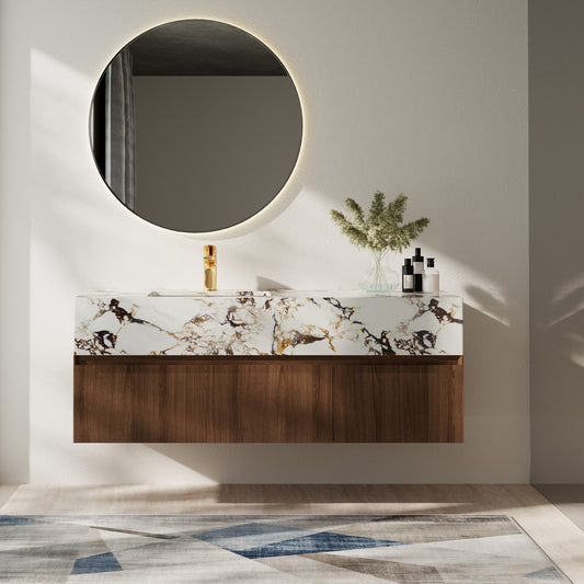 Meubles-lavabos de salle de bain modernes de 48 pouces, avec dessus en faux marbre brillant, en bois massif.