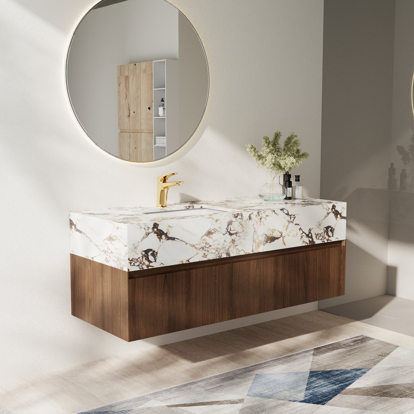 Meubles-lavabos de salle de bain modernes de 48 pouces, avec dessus en faux marbre brillant, en bois massif.