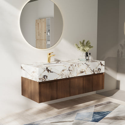 Meubles-lavabos de salle de bain modernes de 48 pouces, avec dessus en faux marbre brillant, en bois massif.