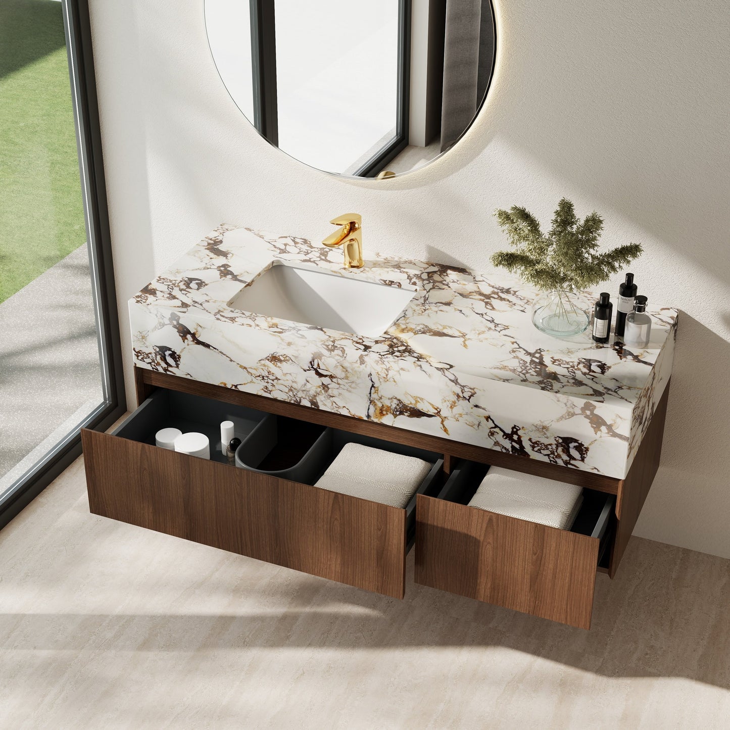 Meubles-lavabos de salle de bain modernes de 48 pouces, avec dessus en faux marbre brillant, en bois massif.