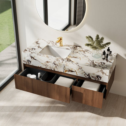 Meubles-lavabos de salle de bain modernes de 48 pouces, avec dessus en faux marbre brillant, en bois massif.