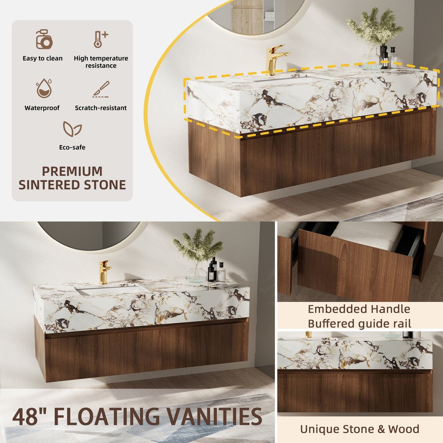 Meubles-lavabos de salle de bain modernes de 48 pouces, avec dessus en faux marbre brillant, en bois massif.
